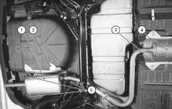 Расположение узлов системы выпуска отработавших газов в задней части основания кузова